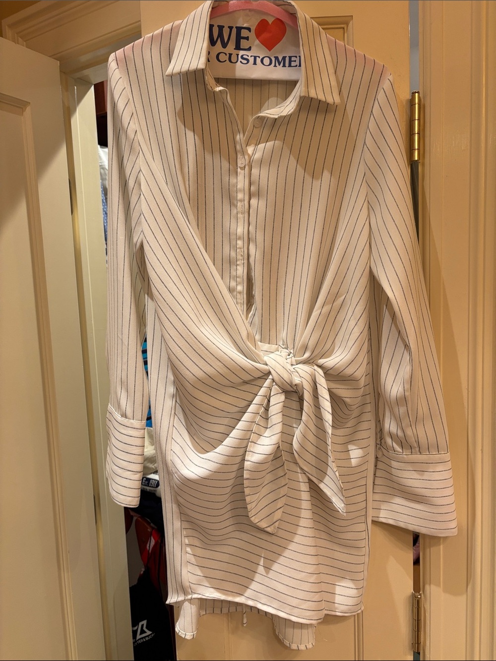 Aqua White Striped Tie-Front Shirt Dress
